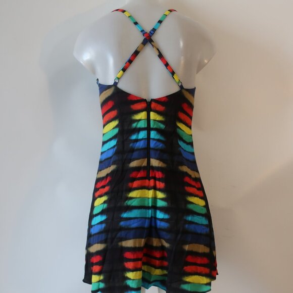 Women Alice + Olivia Rainbow Print Block Tie Dye Strappy Mini Dress 4 - Picture 7 of 10